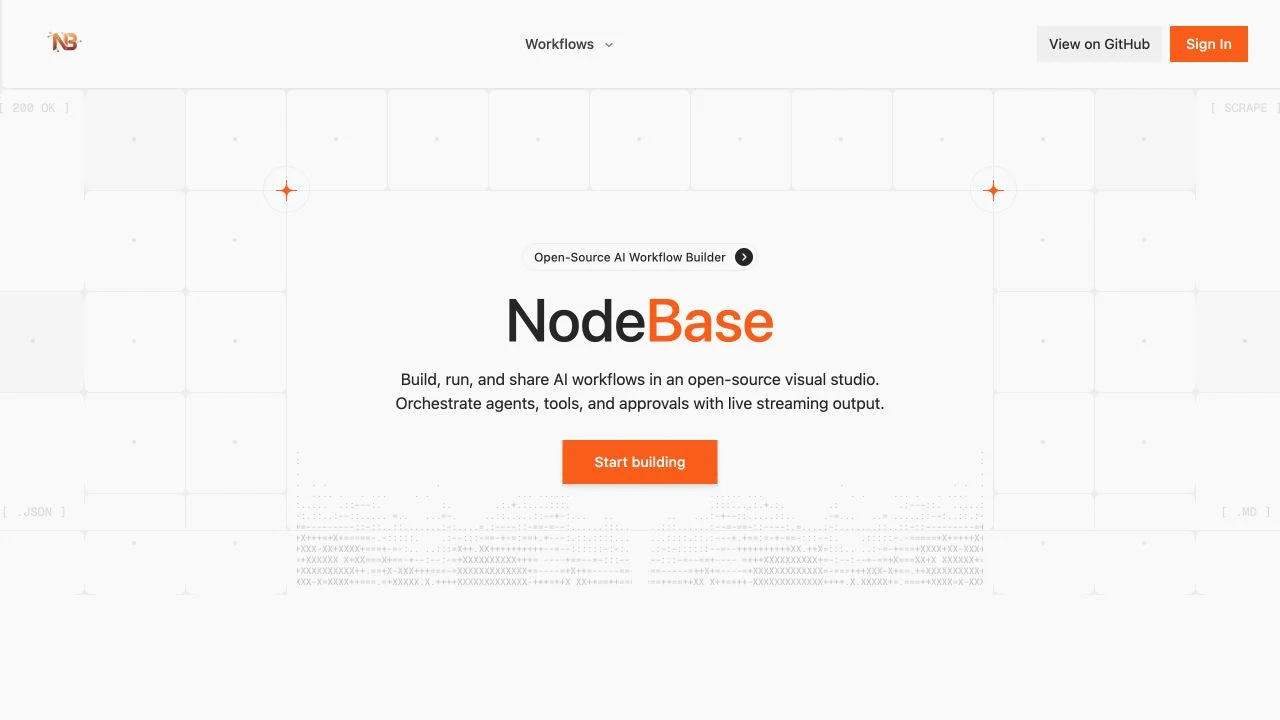 Nodebase open-source AI workflow builder homepage