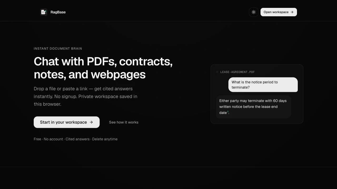 RagBase instant document brain homepage