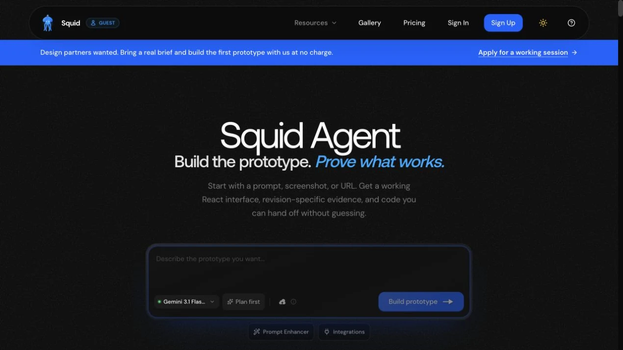 Squid Agent AI prototype builder homepage