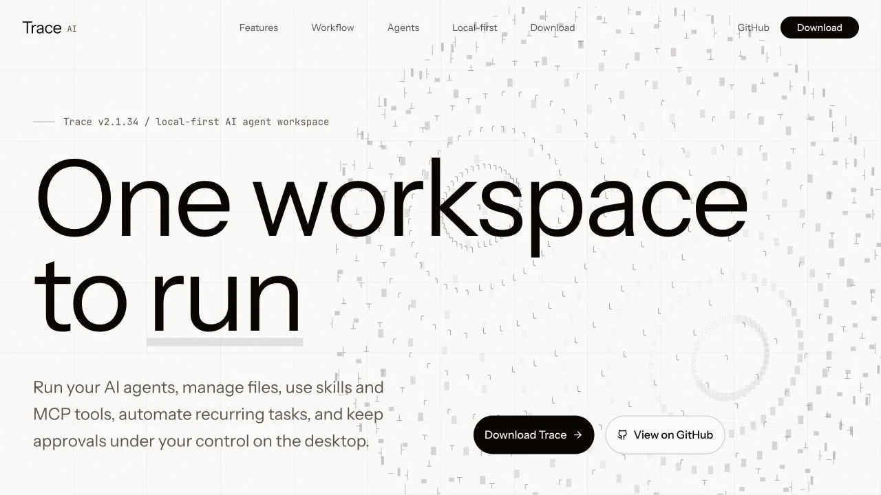 Trace local-first AI agent workspace homepage
